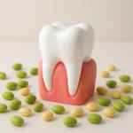 신선한 콩과 건강한 치아 모형이 배치되어 콩의 항염 성분과 잇몸 건강을 직관적으로 표현한 모습입니다.