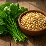 건강한 식단 구성을 상징하는 신선한 봄나물과 노란 콩들이 나무 식탁 위에 조화롭게 놓여 있는 모습.