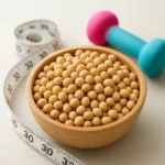 단백질 섭취를 상징하는 신선한 대두와 근력 운동용 소형 덤벨이 함께 놓여 있습니다.