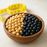 다이어트와 체중 관리에 도움을 주는 신선한 콩과 줄자의 모습.