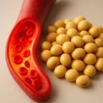 신선한 대두와 건강하게 흐르는 붉은 혈관을 직관적으로 표현하여 혈관 건강을 상징하는 이미지입니다.