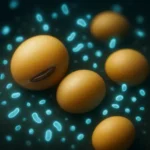 금빛 콩과 장내 유익균이 결합하는 신비로운 건강 컨셉을 표현합니다.