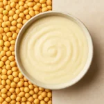 영양이 풍부한 노란 콩과 완성된 콩죽이 나란히 놓여 있는 모습입니다.