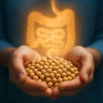 대장 건강과 콩의 유익한 영양 성분을 상징적으로 나타낸 모습입니다.