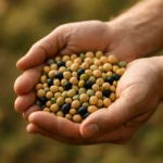 따뜻한 햇살 아래 다양한 종류의 신선한 콩을 두 손으로 소중히 담고 있는 모습입니다.