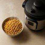 알맞게 조리되어 모락모락 김이 나는 삶은 콩이 그릇에 소복이 담겨 있는 모습입니다.