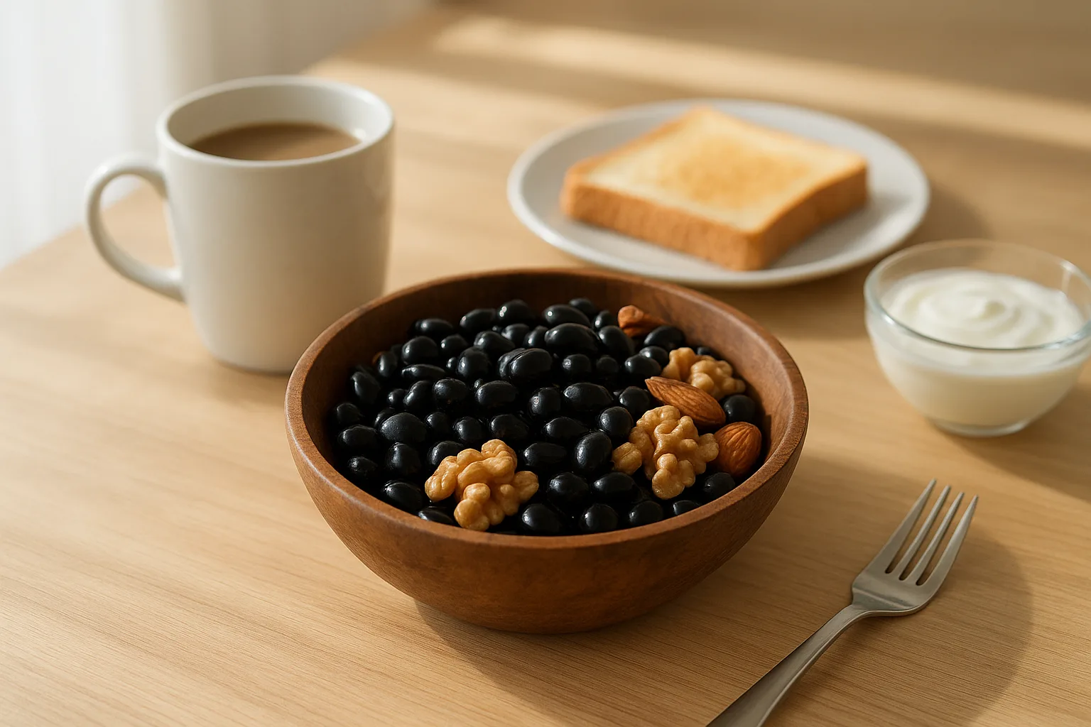 아침 식사 대용으로 적합한 삶은 검은콩과 신선한 견과류가 나무 그릇에 정갈하게 담겨 있는 모습입니다.