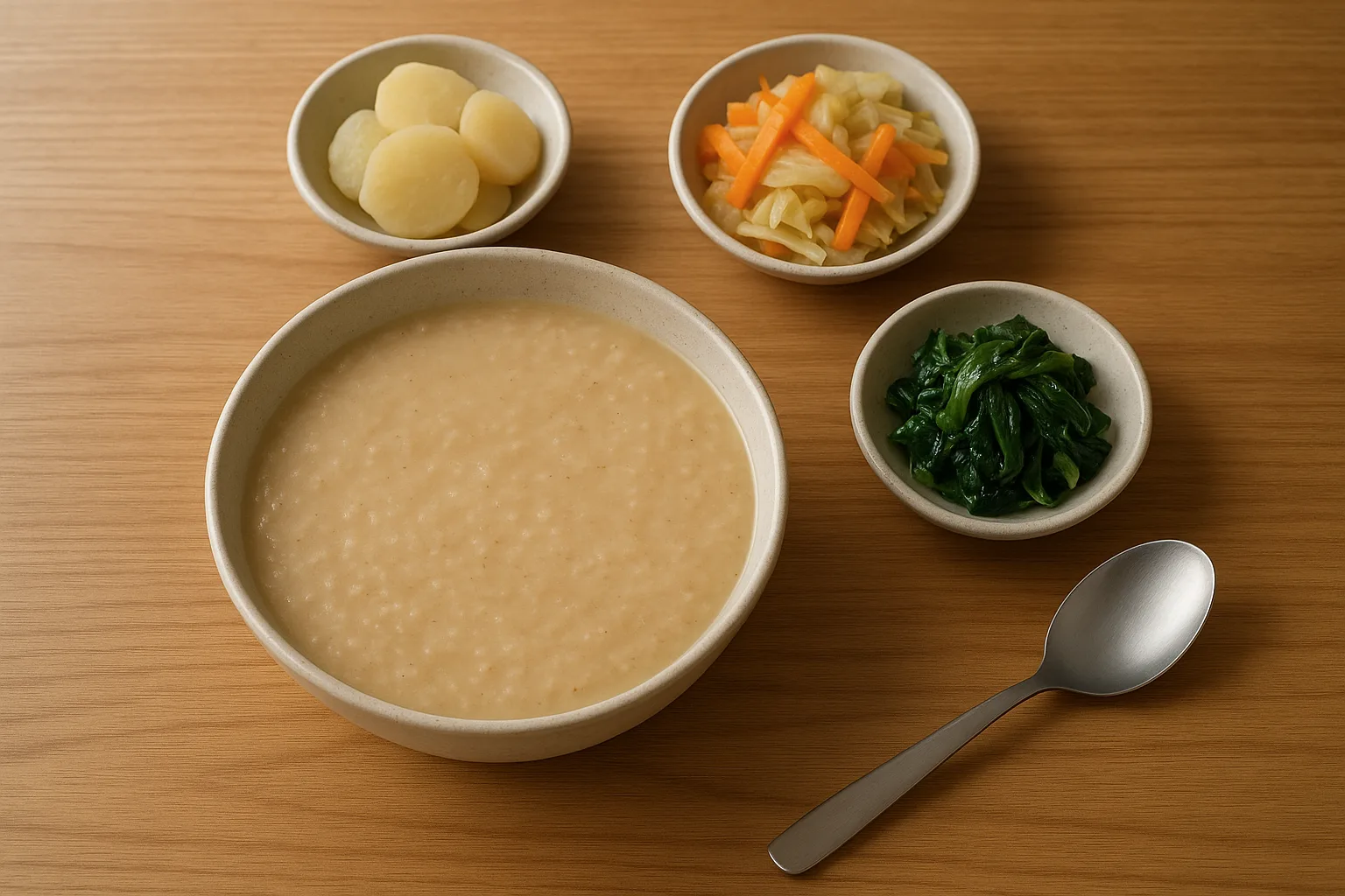 소화하기 편한 따뜻한 콩죽과 부드러운 반찬이 차려진 시니어를 위한 식단입니다.