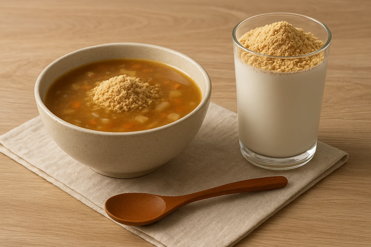 생콩가루를 활용한 찌개 요리와 볶은 콩가루가 토핑된 음료가 나란히 놓여 있습니다.