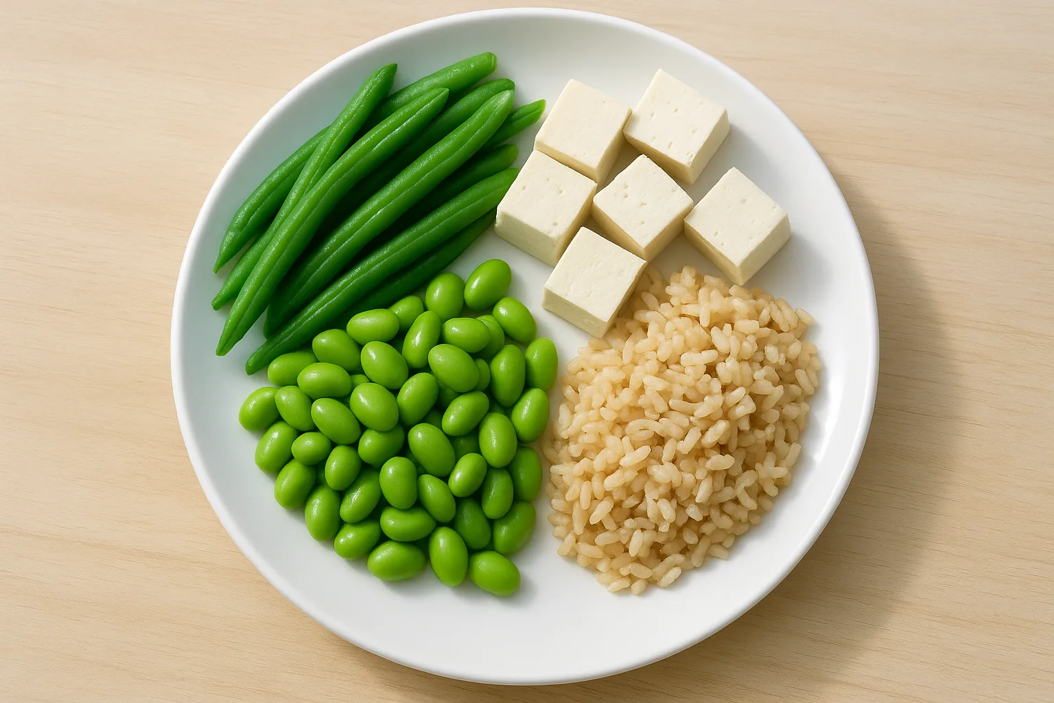 찐 콩과 신선한 채소로 구성된 혈당 관리용 건강 식단의 모습입니다.