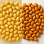 한쪽에는 물에 불린 콩이, 다른 한쪽에는 부드럽게 조리된 콩이 놓여 있는 직관적인 모습입니다.