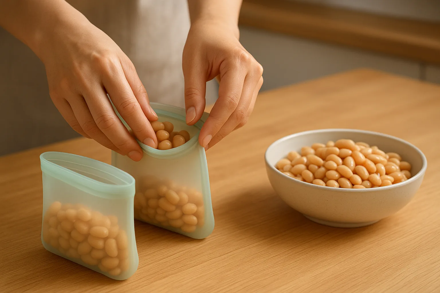 삶은 콩을 한 번 먹을 분량씩 실리콘 지퍼백에 소분하여 담는 모습입니다.