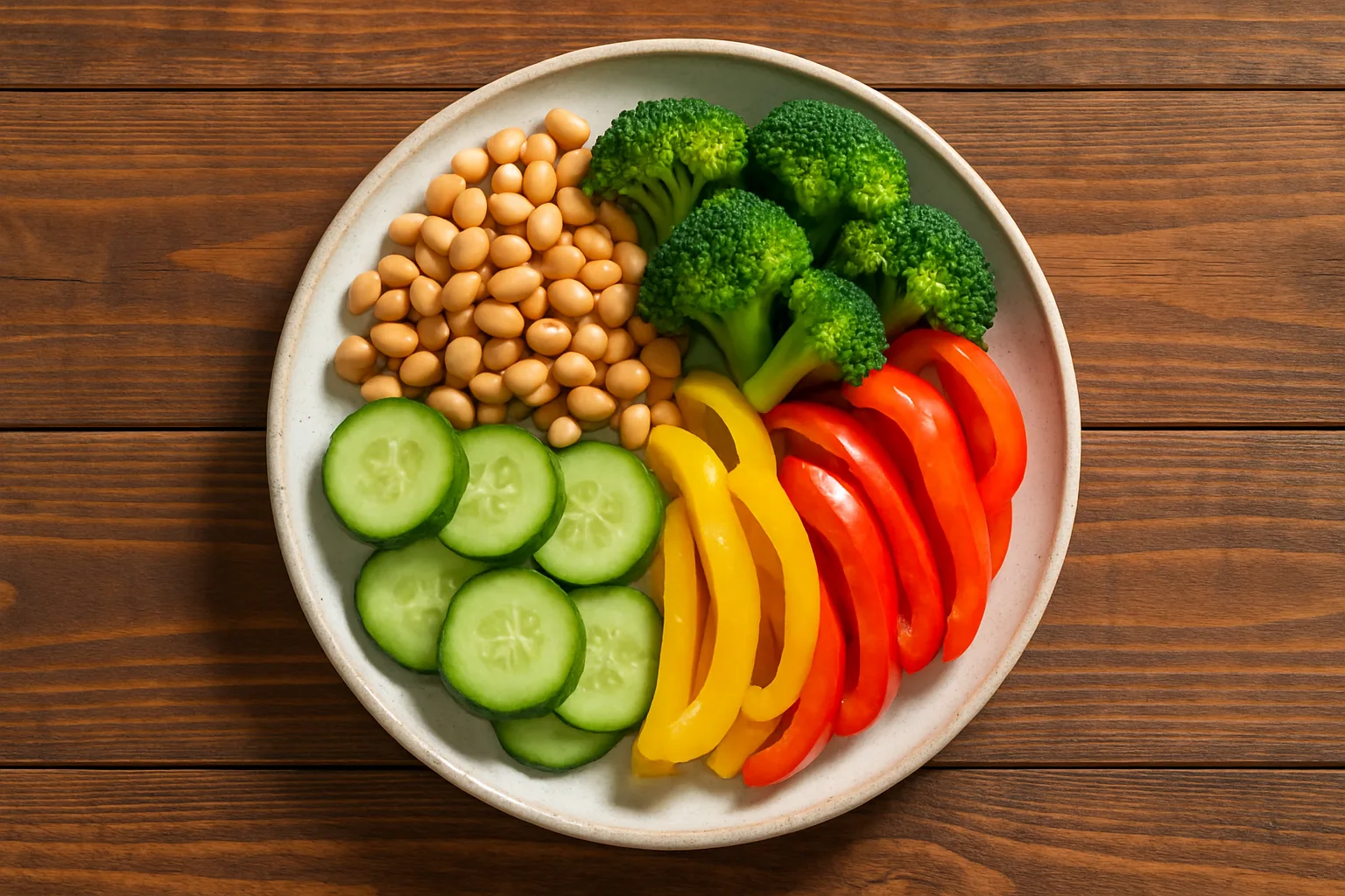 통콩과 비타민 C가 풍부한 다양한 채소들이 어우러진 균형 잡힌 건강 식단 세팅입니다.
